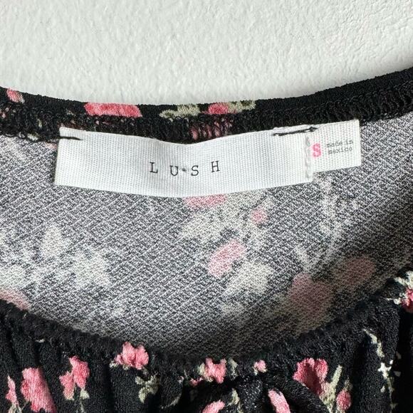 Lush Floral Midi Dress Size S Tie Bust Short Sleeve Black Pink Coquette Bow - Picture 4 of 8